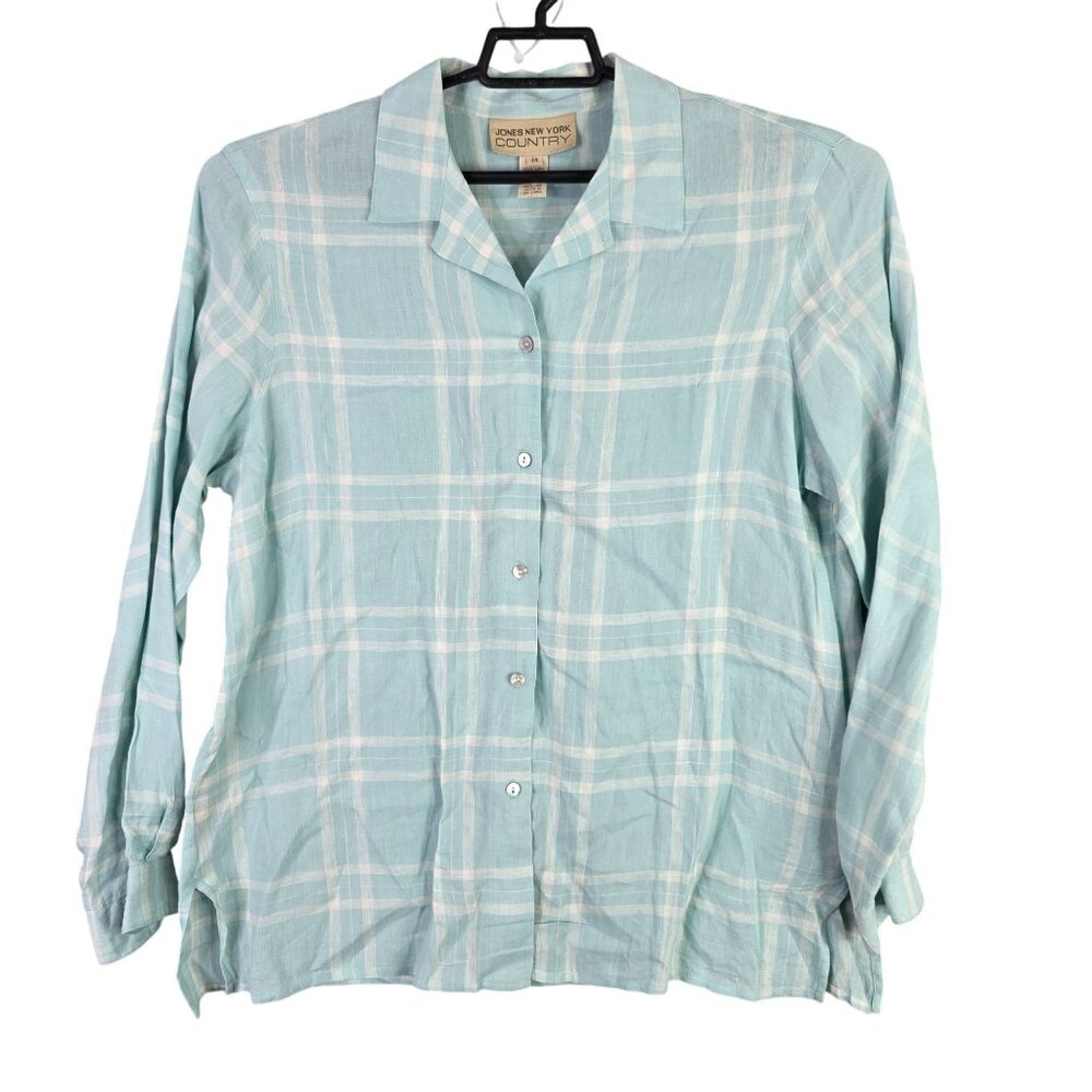 Womens Jones New York Country 100% Linen Teal Plaid Shirt Button Down Size 14